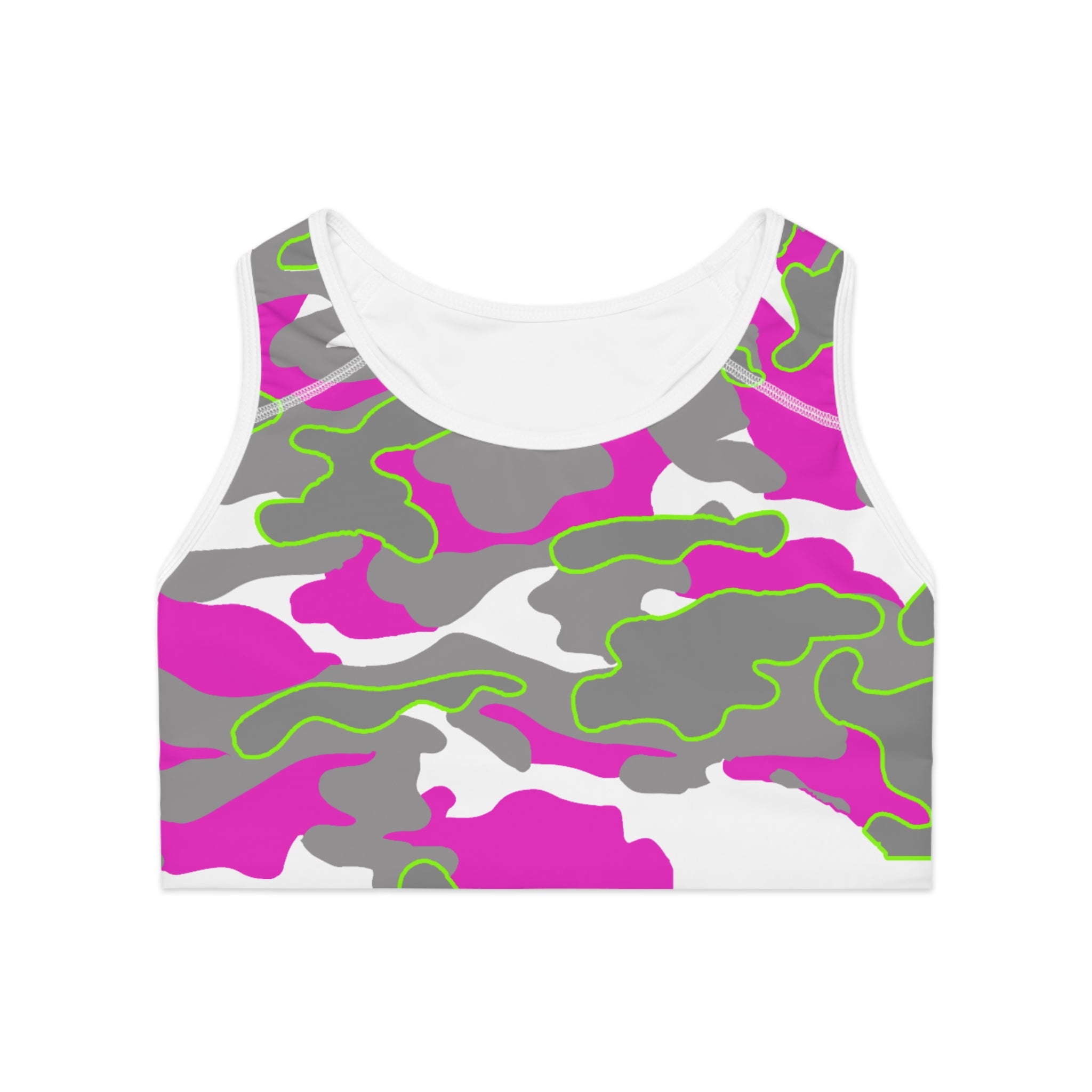 Pink Neon Camo Sports Bra — Women's Athletic Crop Top