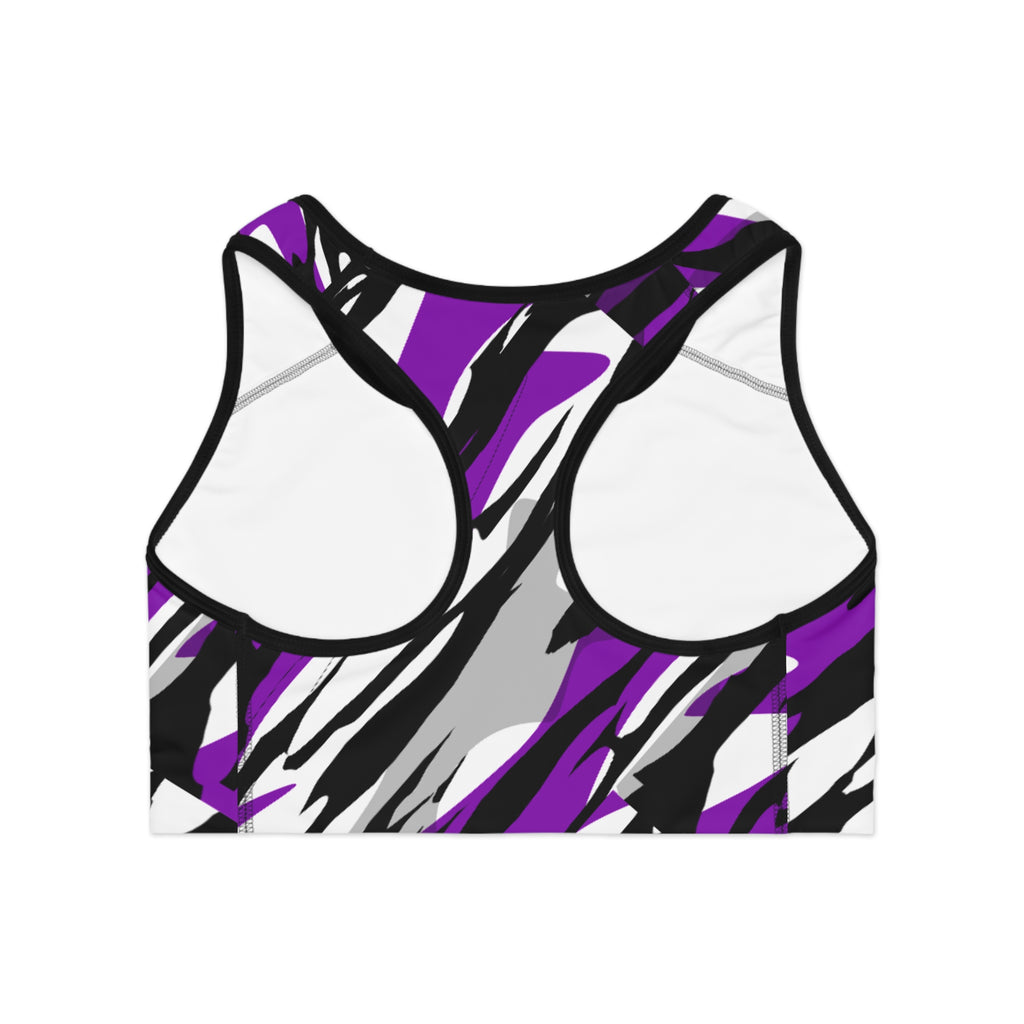 Purple Black Gray Abstract Camo Sports Bra — All-Over Print Athletic Crop Top