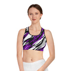 Purple Black Gray Abstract Camo Sports Bra — All-Over Print Athletic Crop Top