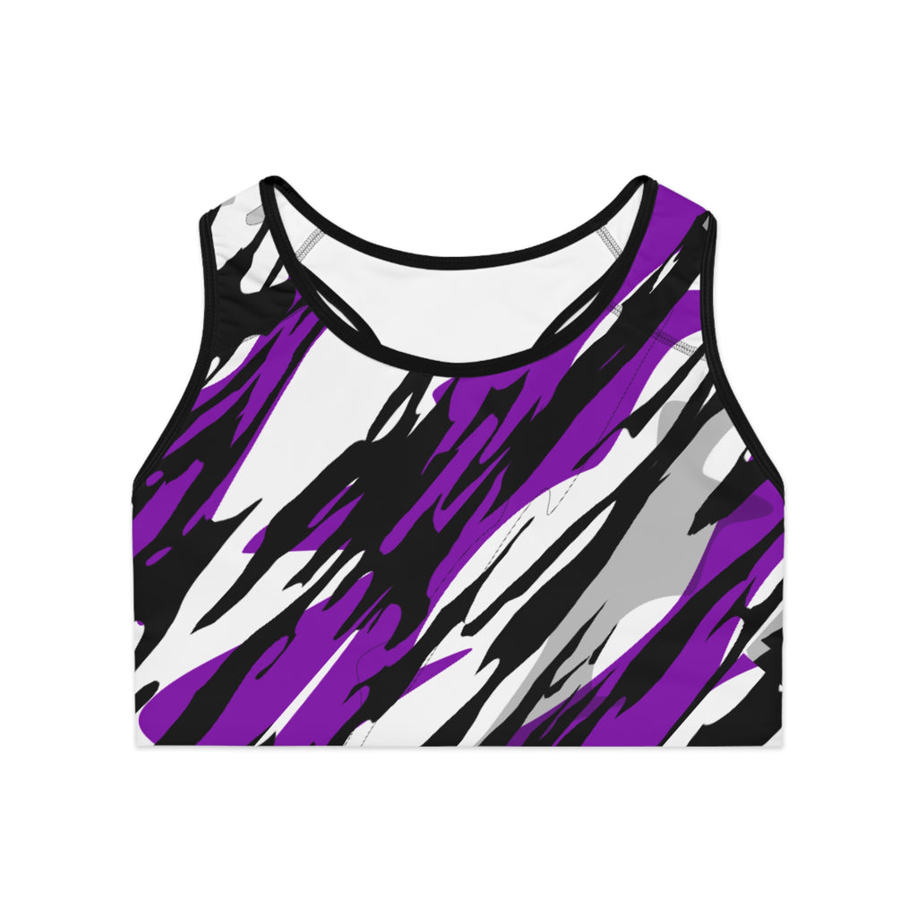 Purple Black Gray Abstract Camo Sports Bra — All-Over Print Athletic Crop Top