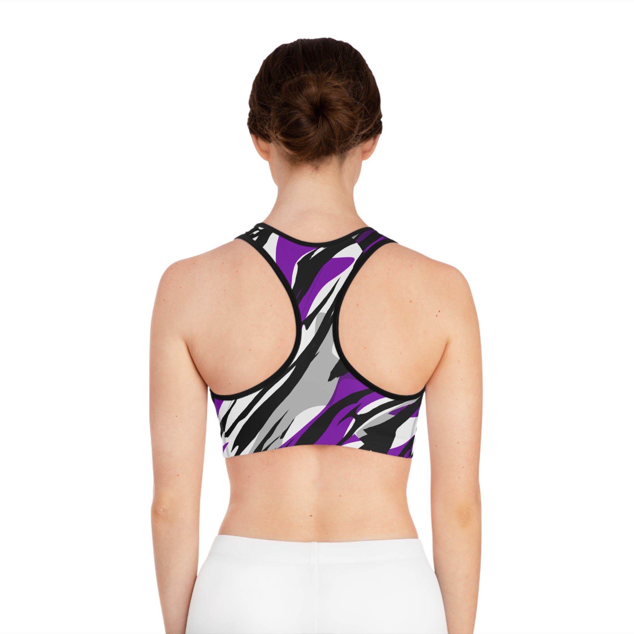 Purple Black Gray Abstract Camo Sports Bra — All-Over Print Athletic Crop Top